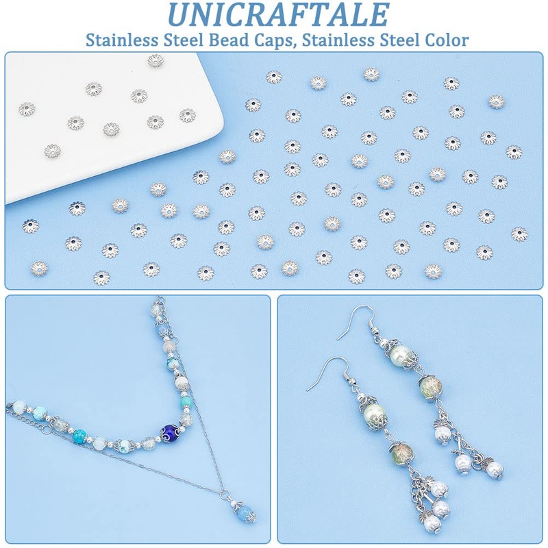 UNICRAFTALE 300個 長さ5.5mm 304ステンレススチール マルチペタルビーズキャップ 中空フラワーコーン メタル フィリグリー ビーズキャップ スペーサー