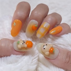 Tangerine bear handmade nail tip - short ballerina / 귤 곰돌이 수제네일팁 - 숏발레리나