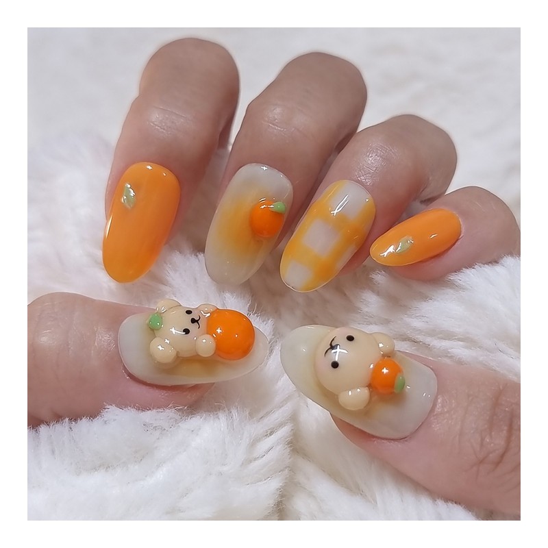 Tangerine bear handmade nail tip - short ballerina / 귤