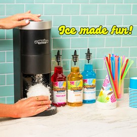Hawaiian Shaved Ice HomePro Shaved Ice Machine Kit, 3-16oz. Syrup Flavors Cherry, Grape, Blue Raspberry, 50 spoon straws, 3 black pour spouts