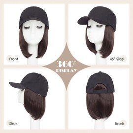 Hat Wig for Women, Baseball Cap Wig with BOB Hair Attached Adjustable Hat Wigs Short Dark Brown Synthetic Hair Extensions