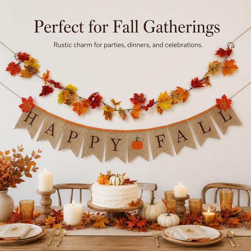Happy Fall Burlap Banner with Maple Leaf Garland