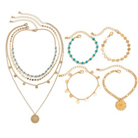 Boho Jewellery Set, Boho Clothing Women, Trendy Collar and Bracelet for Women, Stylish Accessory for Day Fashion and Concerts, 2-Piece Set in Vintage Design, Gold Layered Necklace for Women