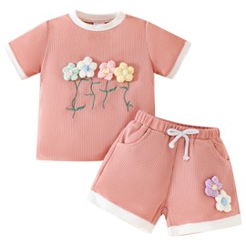 AGYMNX Unisex Baby Clothing Summer Set T-Shirt + Shorts Two Piece Outfits Cubic Flower Decoration Toddler Clothing Sets for 9-12M-3-4Y Boys and Girls, pink, 9 - 12 months