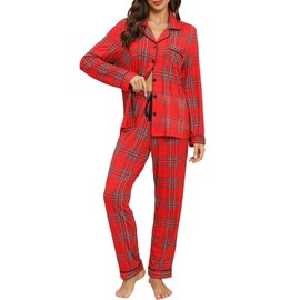 Senert Women's Classic Button Down Long Sleeve Plaid Pajama Set Christmas Family Soft Sleepwear Pj Set Red Green Plaid,Medium