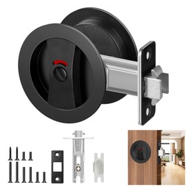 Aglehome Matte Black Pocket Door Hardware with Indicator, Contemporary Privacy Round Pocket Door Lock, Heavy Duty Flush Pocket Door Hardware for Bathroom, 2-3/8" Backset, Matte Black