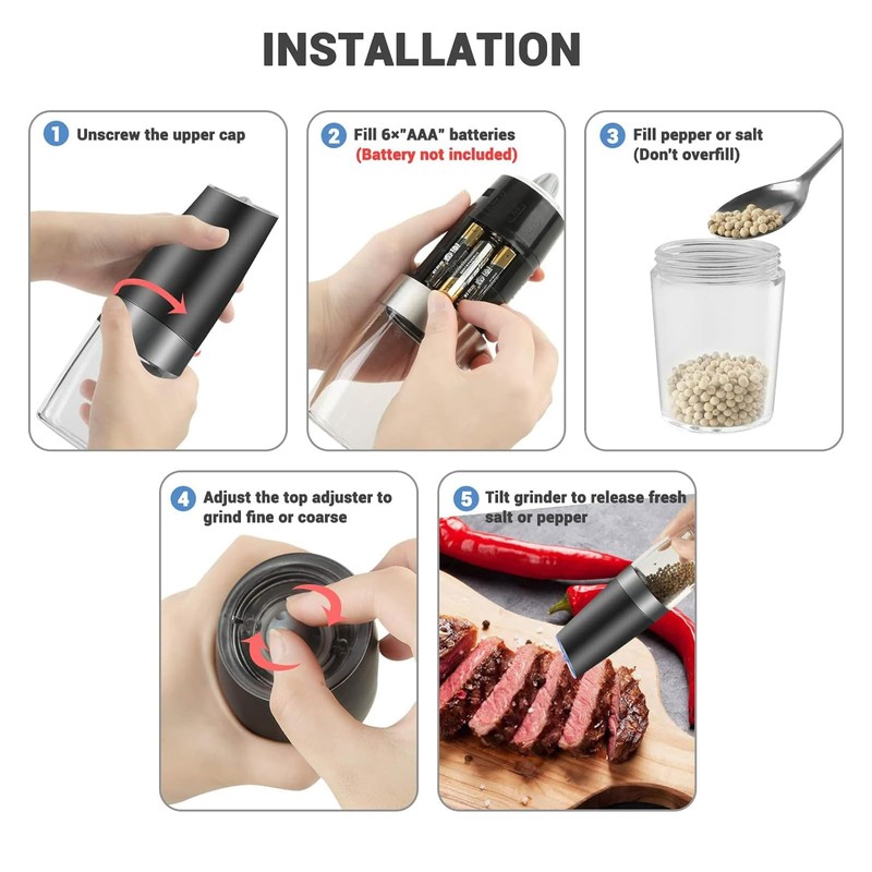 Gravity Electric Salt and Pepper Grinder Set, Battery Powered LED