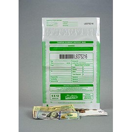 100 Cashier Depot Tamper Evident Bank Deposit Bags, 9" x 12" White/Opaque, Serialized Numbering, Barcode, Press & Seal Void Closure Tape (100 Bags)