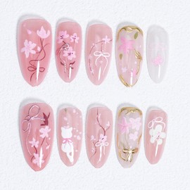 Pink Flower Press on Nails Medium Almond Fake Nails with Gilding Design Peach Blossom Acrylic Nails 3D Handmade Bow False Nails Cute Cat Stick on Nails Pink Full Cover Glue on Nails for Women 30Pcs