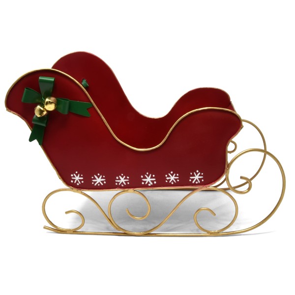 Christmas Santa Sleigh 13" Holiday Decoration Red Metal Decorative Prop Container Basket Candy Dish Bowl Server With Green Bow And Bells Winter Decor Table Shelf Desk Fireplace Mantle Tabletop Sled