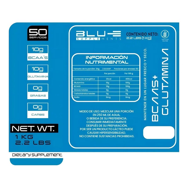 BCAAs Glutamina Sabor Naranja Blu-e Supplements 0 Carbohidratos 1kg