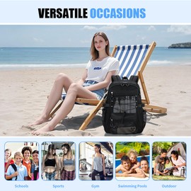 ASKSKY See Through Mesh Backpack for School, Heavy Duty Net Bookbag with Elastic Rope & 3D Padded Straps, Breathable Backpack for Beach, Swimming, Sports, Black Transparent Backpacks