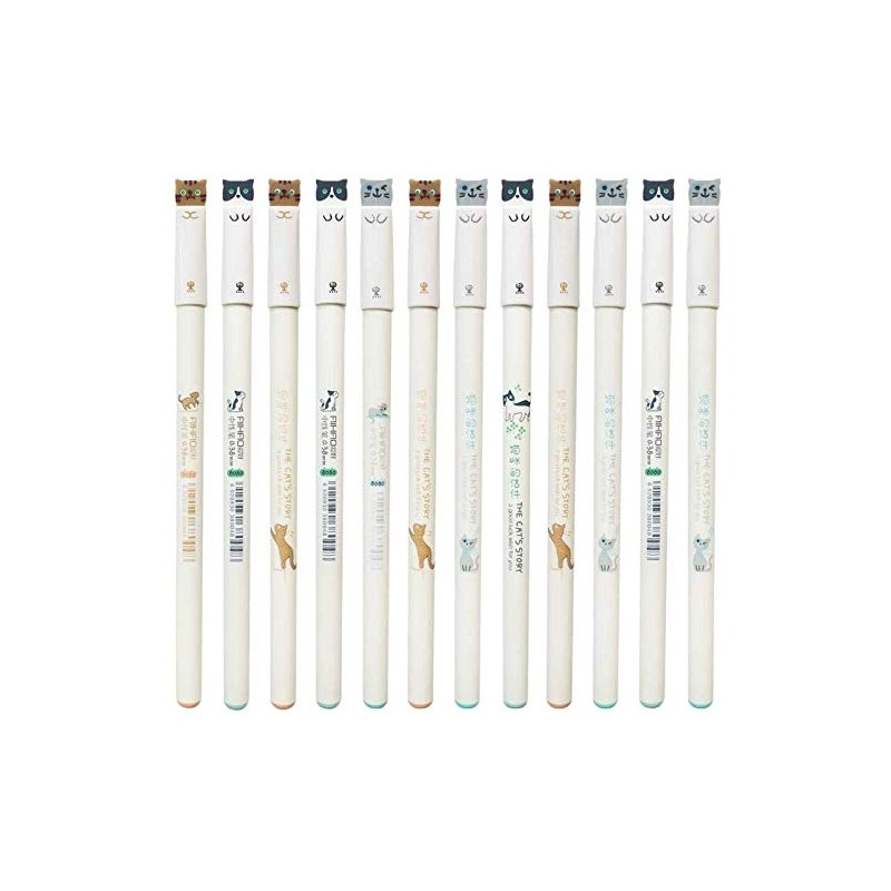 Sencoo 12本パック ブラックゲルインクペン かわいい猫ペン 0.38mm かわいい学生ギフト 学校 賞品 男の子と女の子の誕生日プレゼント