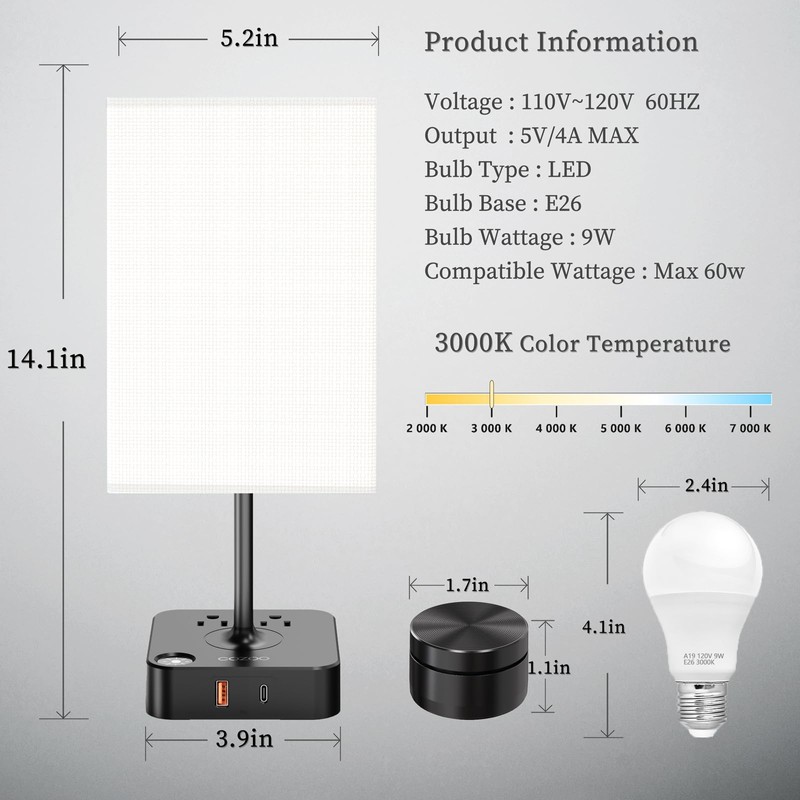 Remote Control Bedside Lamp with USB-C & USB-A Charging Ports,