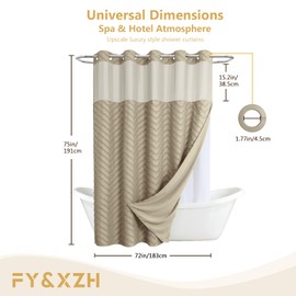 No Hook Shower Curtain with Snap-in Fabric Liner Set, Translucent Top Window, No Hooks Required, Hotel Style Cloth Shower Curtains for Bathroom, 72"x 75" (Curry)