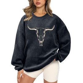 UNIQUEONE Boho Cow Skull Sweatshirt Women Cowgirl Shirt Rodeo Western Country Concert Outfits Nashville Graphic Pullover Tops Grey