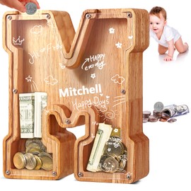 UBeesize Cute Money Box for Boys and Girls,Unbreakable Wood Coin Bank,Twenty-Six English Alphabet Letter Piggy Banks,Gifts for Birthday, Christmas, Festival, Baby Shower(M)