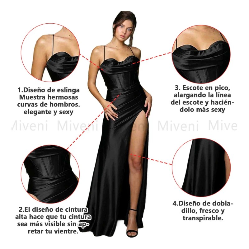 Vestido Sexy De Satén Con Abertura En La Cintura Alta