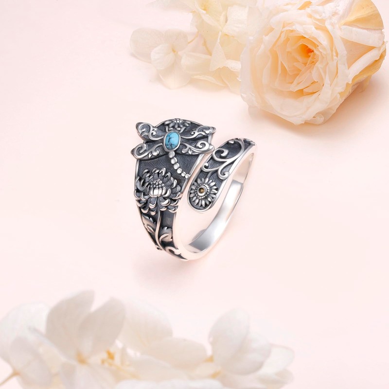 SHAOAN 925 Sterling Silver Dragonfly Turquoise Spoon Thumb Ring