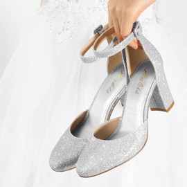 Ankis Closed Toe Heels for Women -Silver Womens Heels Closed Toe Chunky Block Pumps Shoes, 3 Inch