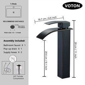 VOTON Vessel Sink Faucet Oil Rubbed Bronze Modern Tall Waterfall Bathroom Sink Faucet with Pop-Up Drain Single Handle Bathroom Faucet 1 Hole Bowl Lavatory Vanity Faucet Rv Sink Camper Farmhouse Faucet