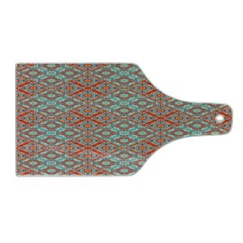 Lunarable Spanish Cutting Board, Colorful Talavera Layout Symbolic Motifs, Decorative Tempered Glass Cutting and Serving Board, Wine Bottle Shape, aQUA Vermilion