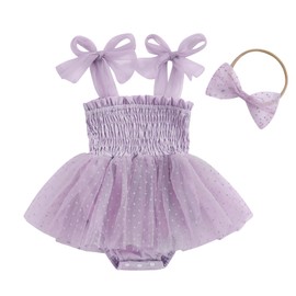 Meihuida Newborn Baby Girl Sleeveless Romper Summer Clothes with Headband Tulle Tutu Dress Infant Boho Outfits Dots Purple 3-6 Months