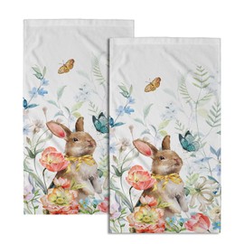 Easter Bunny Hand Towel Set of 2, Cute Rabbits Flower Butterflies Spring Decorative Soft Absorbent Guest Towels for Home Hotel Gym Spa Bathroom 14x28 Inch