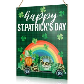 UDNADKEX Happy St. Patrick's Day Wooden Sign Decor, Shamrock Farm, Saint Patrick's Day Front Door Sign Decor Home Patio Porch Irish Wall Decorations