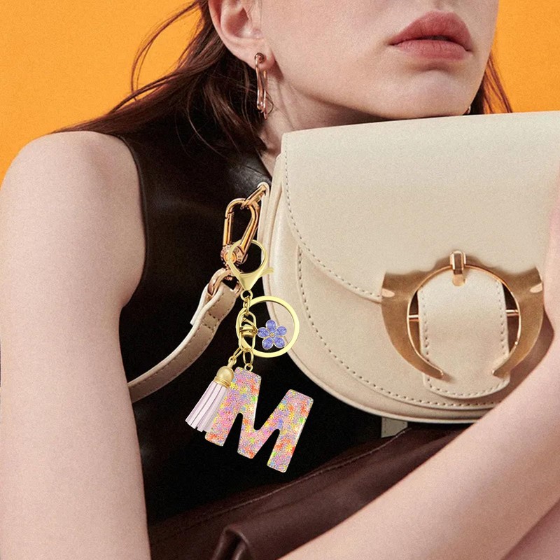 ePicsoa Letter Key Ring Flower Key Chain Sequins, l, L