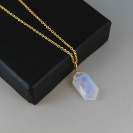 Gempires Rainbow Moonstone Necklace, Hexagon Pendant, Crystal Necklace, Geometric Pendant, June Birthstone Jewellery,16 + 2 Inch Adjustable 14k Gold Plated Chain