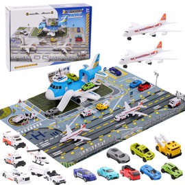 Transport Aeroplane Toy Car Toy Total 15 Means of Transport with Traffic Signs and Play Mats, Helicopter Parking Garage Playset Gift for Children 3+ Boys Girls