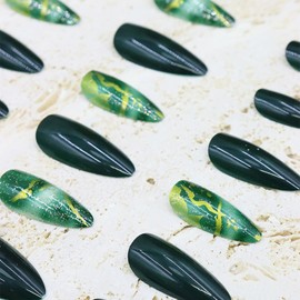 French Tip Press On Nails Almond - FSUYA Press on Nails Medium, Marble Design Jelly Glue On Nails, Natural Reusable Stick On Nails in 12 Sizes - 24 Fake Nails Kit, Green