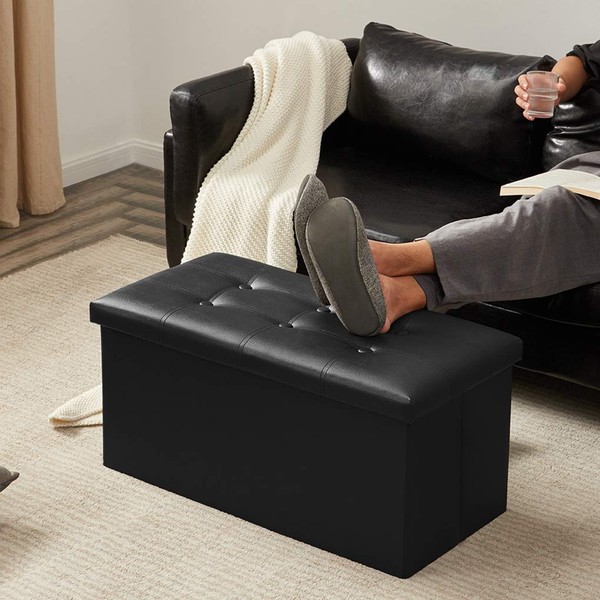 YOUDENOVA 30 inches Folding Storage Ottoman, 80L Storage Bench for Bedroom and Hallway, Faux Leather Black Footrest with Foam Padded Seat, Support 350lbs