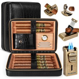 Usewire Cigar Humidor, Leather Cigar Case with Cigar Lighter, Built-in Straight Cigar Cutter and Cigar Punch, Travel Cigar Humidor with Humidifier and Cedar Tray (black)