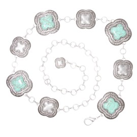 Women's Western Turquoise Blue Stone Square Concho Chain Belt, Silver | 25"-42" waist