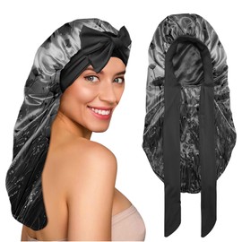 BHAHB Silk Feeling Long Satin Bonnet for Sleeping Adjustable Double Layer Elastic Reusable Long Hair Caps Cute Aesthetic for Women Girls-Flowers 2