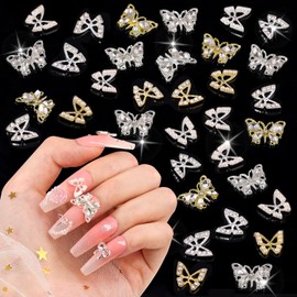 60Pcs 3 Styles 3D Butterfly Nail Charms Set 2, Gold + Silver Shiny Luxury Gems, Crystal Diamond Jewels Studs with Rhinestones for Nail Design, Nail Art Decoration Set for Acrylic Nails