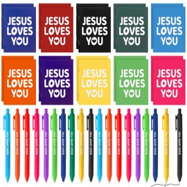 Eaasty 100 Pcs Christian Notebook Ballpoint Pen Gifts Bulk Include 50 Bible Verses Notepads 50 Jesus Loves You Pens for Office Birthday Wedding Baptism Sunday Church Supplies(100 Pcs,Jesus)