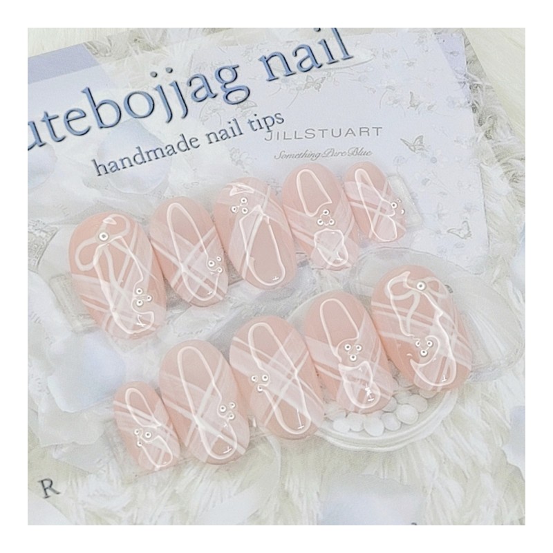 Pearl Ribbon Handmade Nail Tips - Stiletto M / 진주
