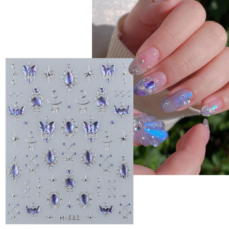 JMEOWIO 3D Embossed Blue Moon Star Nail Art Stickers Decals