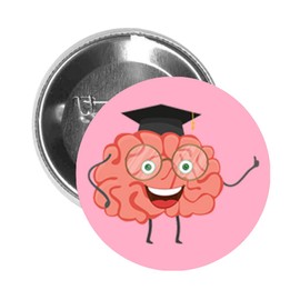 Round Pinback Button Brooch Smart Brain Graduate Genius College Professor Student School Happy Cartoon (Pink, 1.25" Inch)