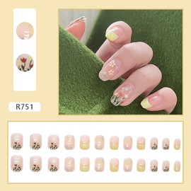 Tulip Press on Nails Short Square 24PCS Full Cover Reusable False Nails Kits, Glue on Nails with Flower Designs Artificial Glossy Fingernails Acrylic Fake Nails for Women Stick on Nails Coffin Shape