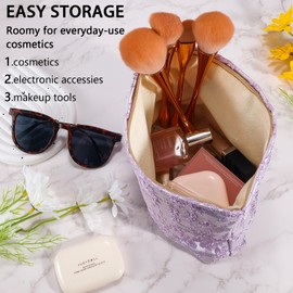 Makeup Bag for Women Flower Makeup Bag Zipper Cosmetic Pouch Large Capacity Makeup Bag with Zipper Makeup Pouch Organizer for Women Portable Travel Toiletry Bag (Embroidery Purple), Embroidery Purple