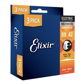 Elixir Elixir Strings Electric Guitar Strings with NANOWEB Coating, 3 Pack, Super Light .009-.042 (16540)