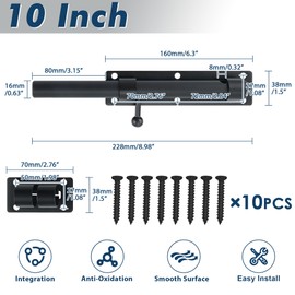 Alise 10 inch Barrel Bolt Latch,Slide Bolt Latch,Heavy Duty Solid SUS304 Stainless Steel Slide Lock for Wooden Fence,Barn Door,Interior or Outdoor Door. Matte Black MS9200-B