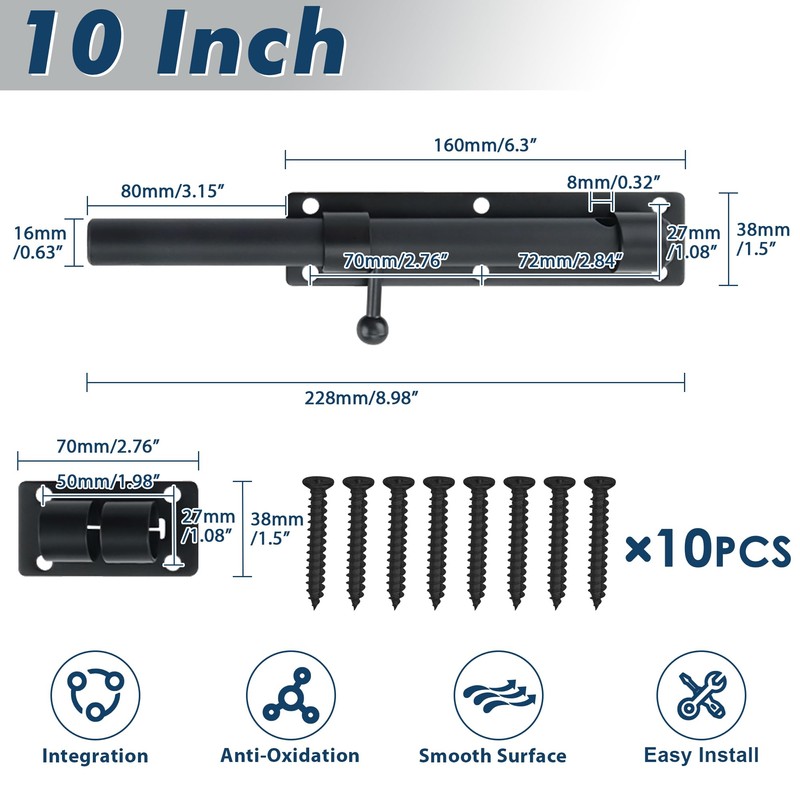Alise 10 inch Barrel Bolt Latch,Slide Bolt Latch,Heavy Duty Solid