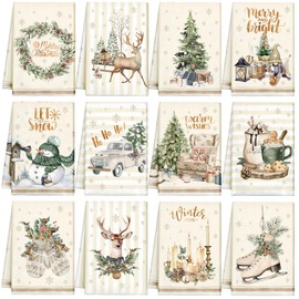 VitalCozy 12 Pcs Christmas Kitchen Towels and Dishcloths Absorbent Christmas Tree Reindeer Truck Hand Towels Christmas Dish Towels Decoration for Xmas Home Gift, 14.2 x 21.3 Inch (Cute Style)