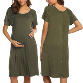 Ekouaer Women’s Nursing/Delivery/Labor/Hospital Nightdress Short Sleeve Maternity Nightgown with Snap Army Green