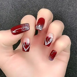 Valentines Press on Nails Short Square Fake Nails with Hearts Designs Silver Glitter Glue on Nails Burgundy Full Cover Nails Press ons Glossy False Nails Valentine's Day Stick on Nails for Women 24Pcs